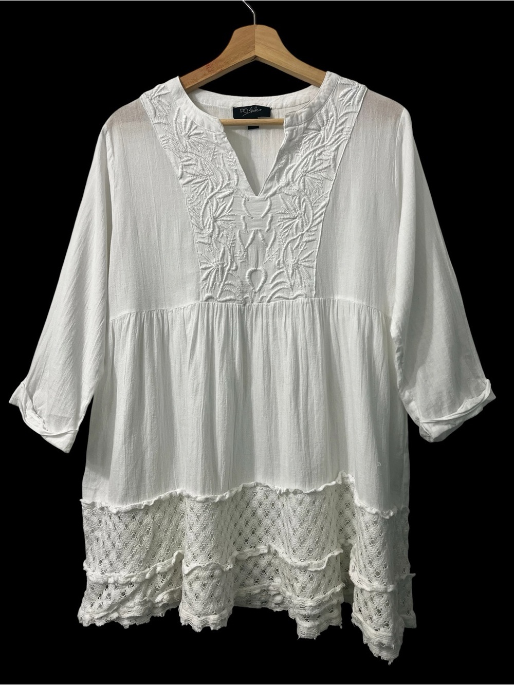 RD & Koko 3/4 Sleeve Embroidered Babydoll Tunic Mini Dress L Cotton Boho Peasant